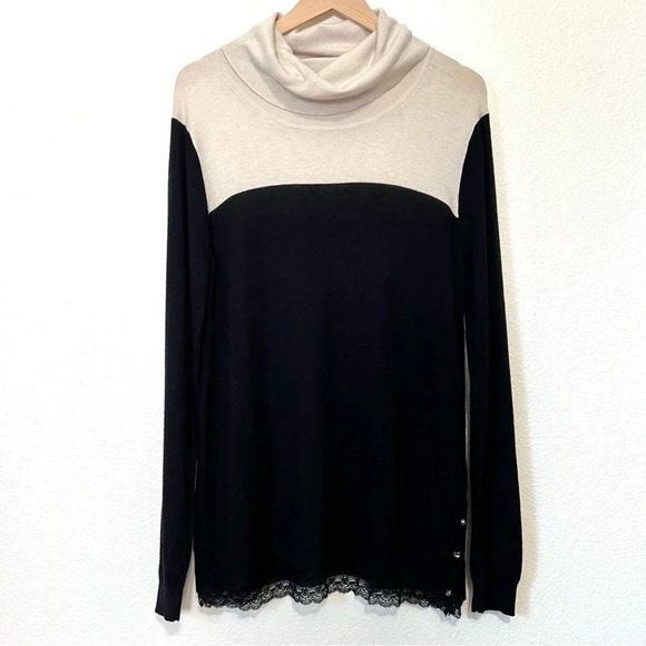 Elena Miro Color Black Lace Trim Wool Blend Cowl Neck Sweater in Black & Cream - Picture 1 of 14